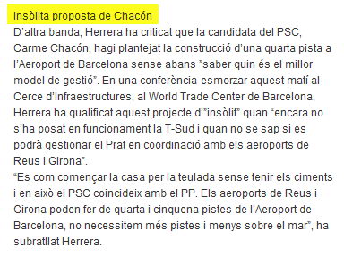 Opinió de Joan Herrera (ICV) sobre la proposta de Carme Chacon de construir una quarta pista a l'aeroport del Prat (14 de Febrer de 2008)